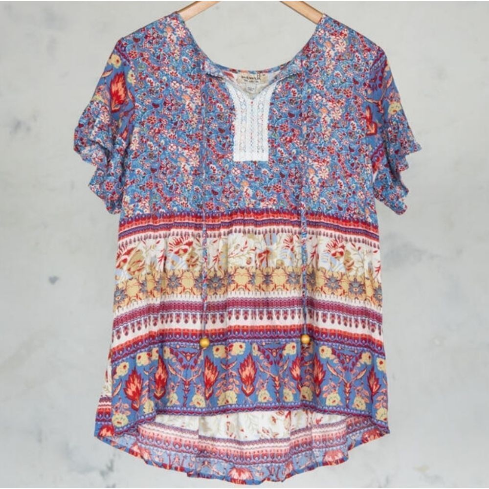 🦋One World Floral Print Babydoll Boho Hi-Low Top Large